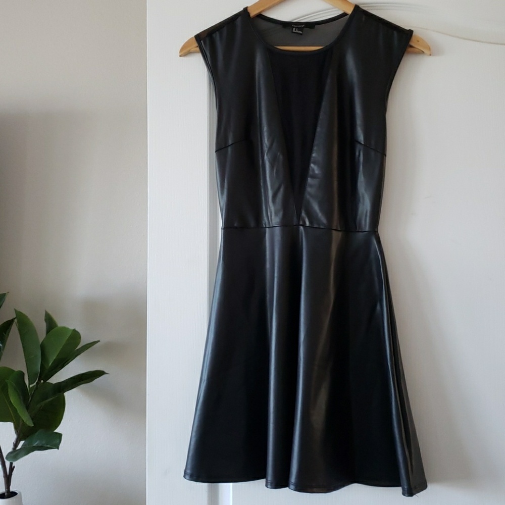 F21 Deep Plunge Mesh Neck, pleather dress